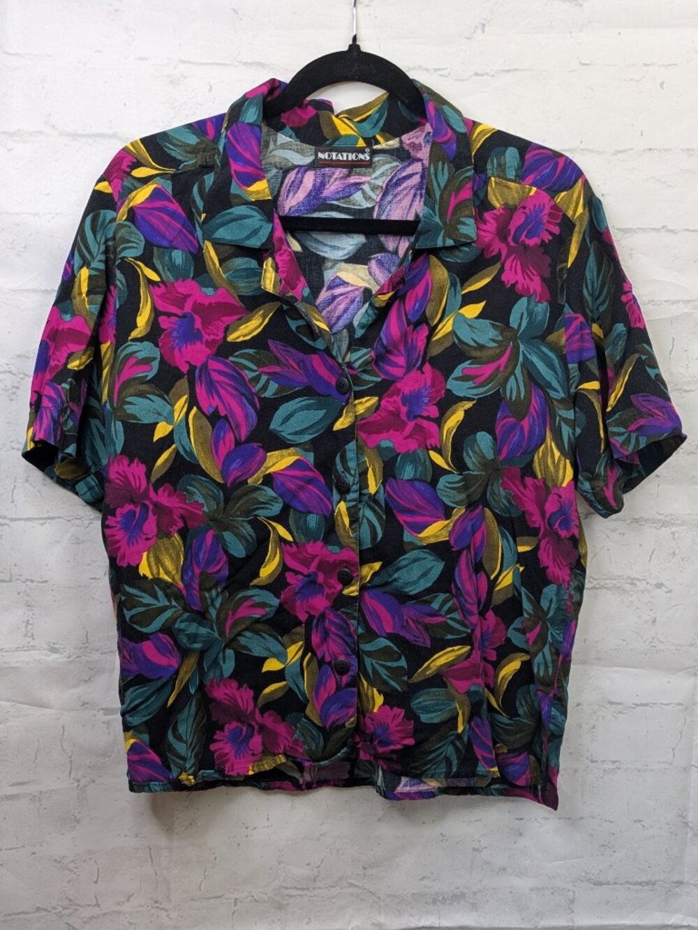 90s Notations M/L Vintage Floral Iris Print Button Up Top Purple Multi-Colored - Picture 2 of 5